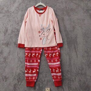 Cuddl Duds Girls Christmas Pajama Set Reindeer Snowflake Red Pink M (7/8)
